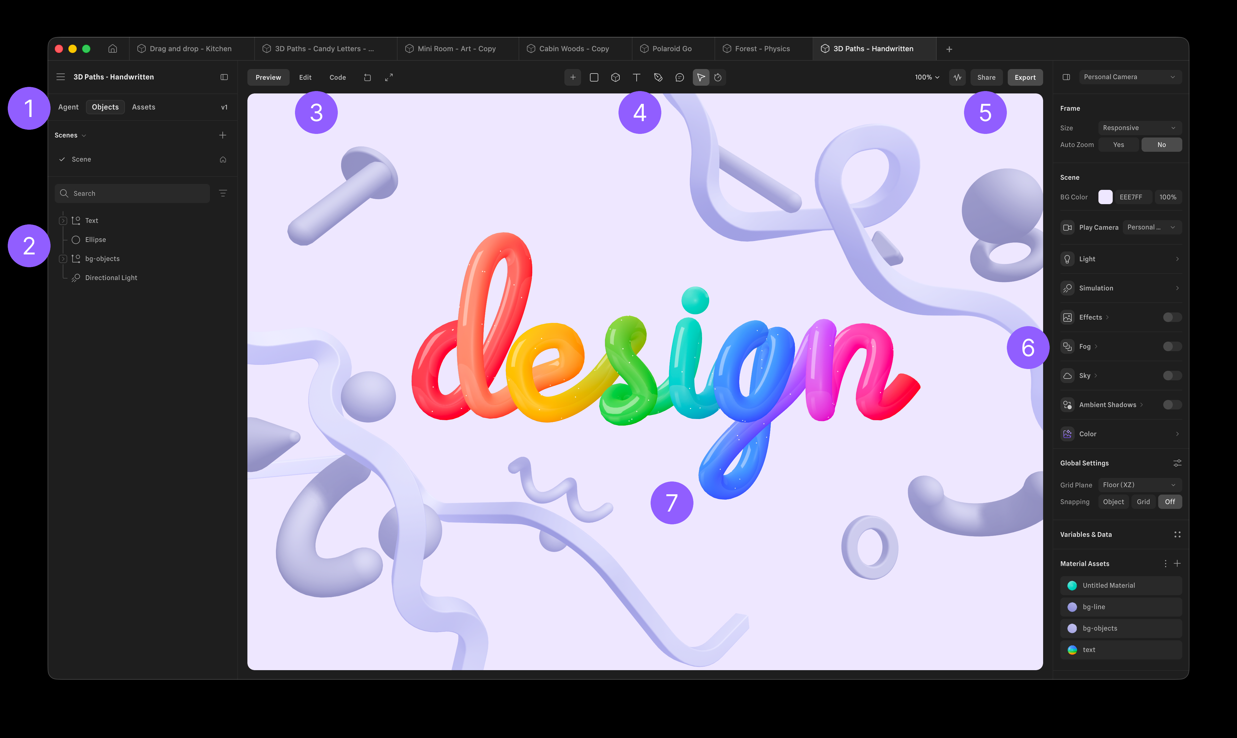 The Spline 3D editor, with the sidebar tabs, outliner, stage tabs, tool dock, share and export controls, property panels and viewport numbered