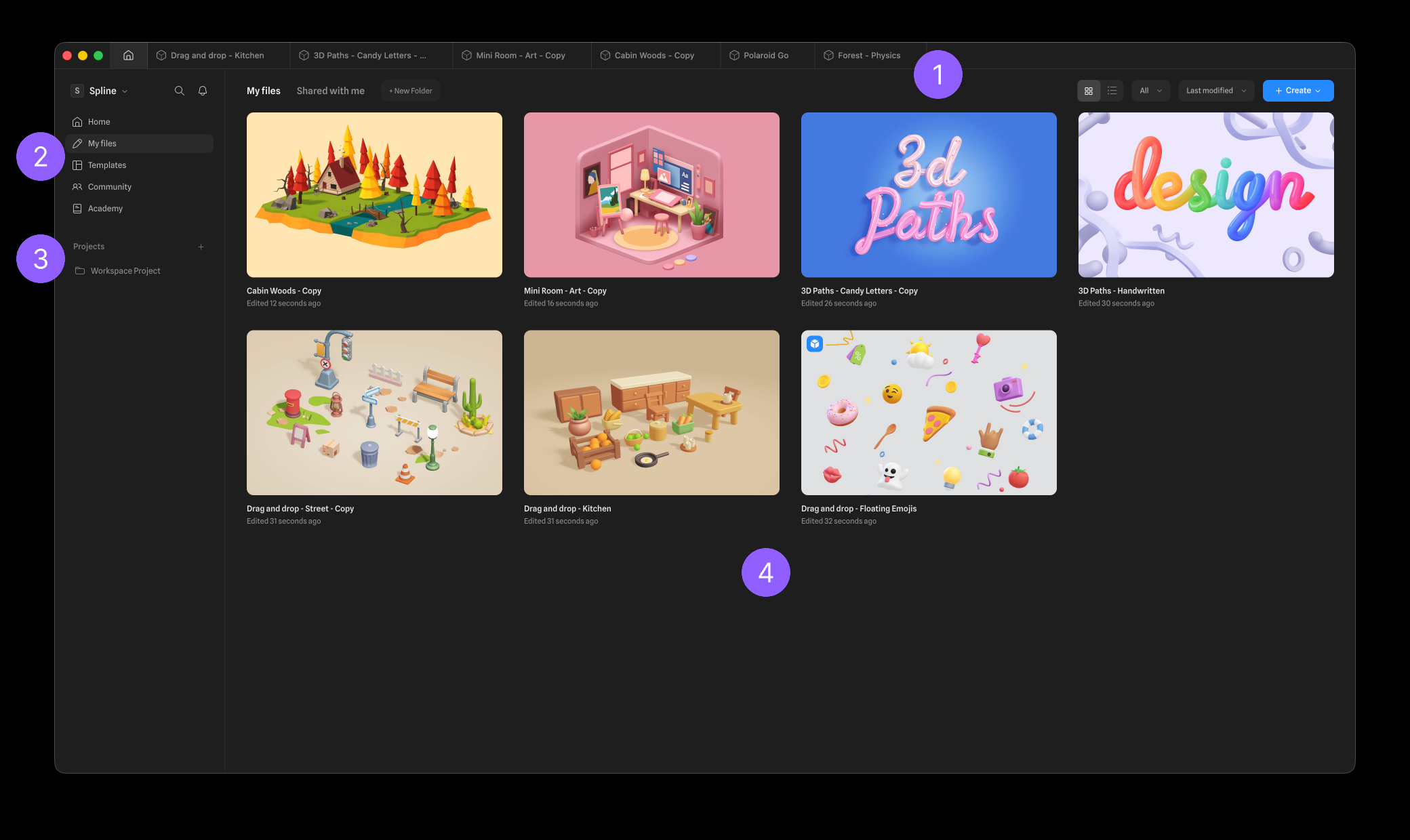 The Spline dashboard, with the tab bar, sidebar menu, Projects list and file grid numbered